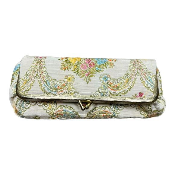 Vintage Handbags - Vintage Celebrity Tapestry Floral Makeup Cosmetic Bag Mirror Small Coquette Flaw